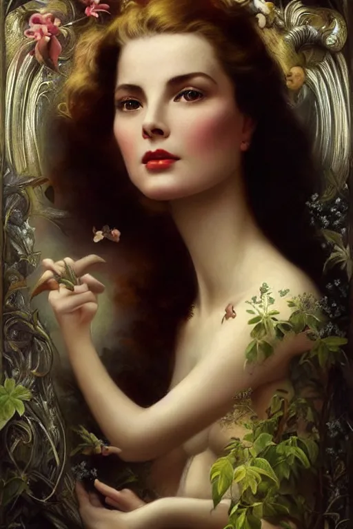 Image similar to A young and extremely beautiful Grace Kelly explaining the birds and the bees by Tom Bagshaw in the style of a modern Gaston Bussière, art nouveau, art deco, surrealism. Extremely lush detail. Perfect composition and lighting. Profoundly surreal. Sultry look on her face.