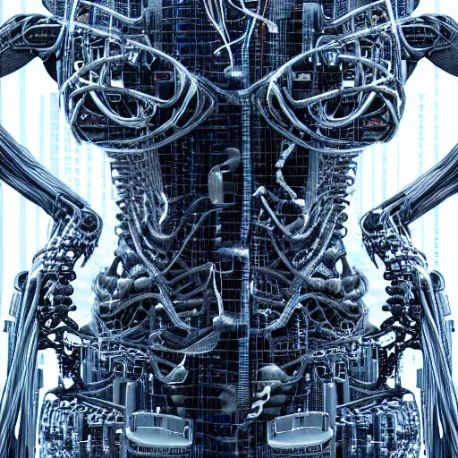 Prompt: portrait photo of a biomechanical torso of a cyborg plugged into a quantum computer with cables and wires and optic fibers. cyberpunk horror style. art by luis royo. highly detailed 8 k. intricate. nikon d 8 5 0 5 5 mm.
