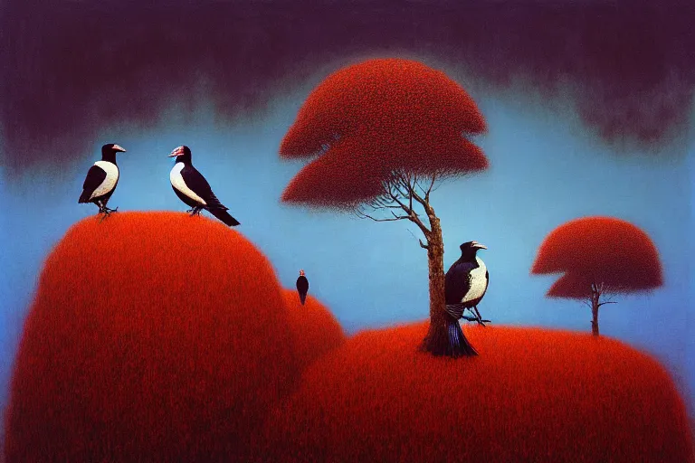 Image similar to a magpie family hosting their magpie relatives on top of a pine tree, in the style of rafał olbinski, in the style of beksinski, in the style of gediminas pranckevicius, intricate and epic composition, red by caravaggio, insanely quality, highly detailed, masterpiece, purple light, artstation, 4 k