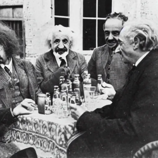 Image similar to albert einstein drinking rakia with his friends