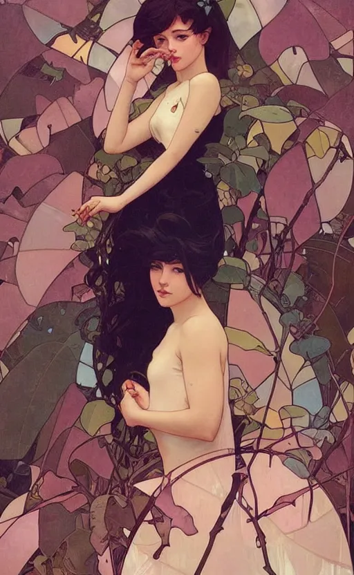 Prompt: egirl!!!!! aesthetic!!!! girl painting by tran nguyen ilya kuvshinov ( ( ( alphonse mucha ) ) ) and greg rutkowski