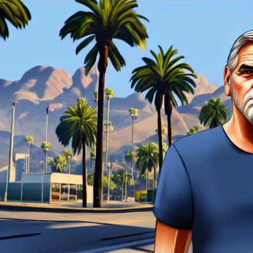 Image similar to george clooney in gta v. los santos in background, palm trees in the art style of stephen bliss