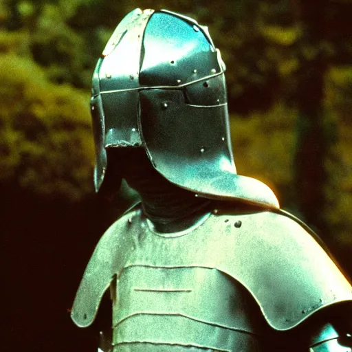 Image similar to a knight wearing a frog helmet, film still, arriflex 3 5