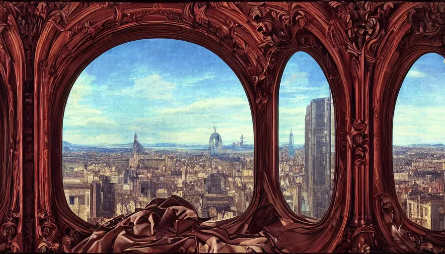 Prompt: a huge standalone hyperrealistic photorealistic hyperdetailed window reflecting a city, seen from the distance. art nouveau rococo in the style of caravaggio and botticelli. unexpected maximalist fabric elements hd 8 x matte background in vibrant vivid pastel colour textures