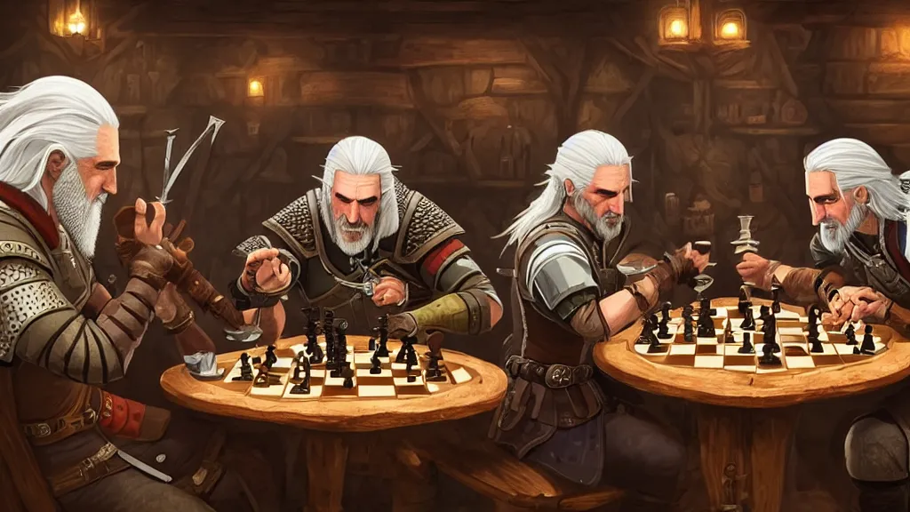 Image similar to Geralt of Rivia and Ciri playing chess in a tavern. geralt de rivia and ciri play at a table in the middle of the tavern, pixel art by Gerardo Quiroz, devian art, 4k