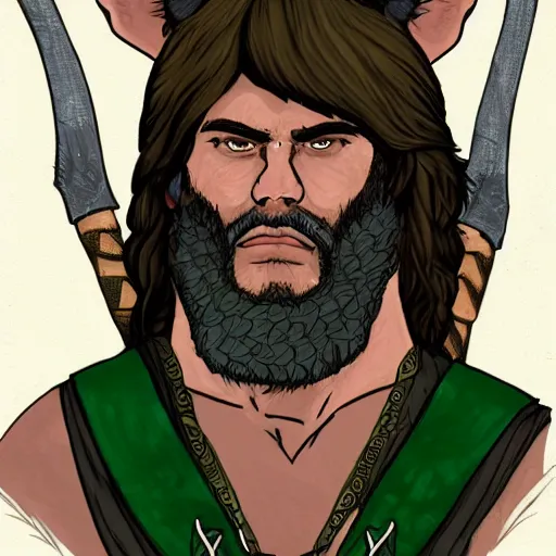 Image similar to full face and body character design reference art of Eoghaill of the Murine Hordes, a male La Tene Culture Celtic chieftain and warrior, resplendent and proud of bearing, long black hair, hirsute and muscled, wielding a Celtic longsword. Has a rat familiar. high quality, high detail, realistic gouache illustration, in the style of: Angus McBride, Mike Mignola, Jean Giraud, Alex Ross, and Michael William Kaluta. photorealistic character render.