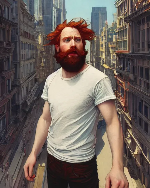 Image similar to wide angle of attractive red - headed bearded man wearing a white t - shirt levitating over the street below, arms spread wide, highly detailed, digital painting, artstation, concept art, smooth, sharp focus, illustration, art by artgerm, greg rutkowski, alphonse mucha, j. c. leyendecker