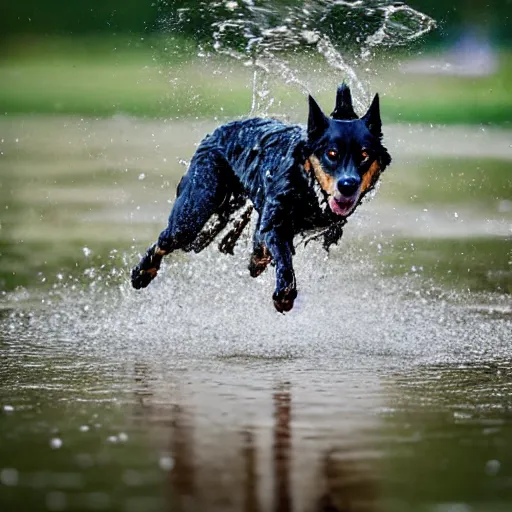 Image similar to Photorealistic photograph of a dog splashing in a puddle, photorealism, photorealistic, realism, real, highly detailed, ultra detailed, detailed, depth of field, shutter speed 1/1000, 200mm Focal Length, Canon EOS R7