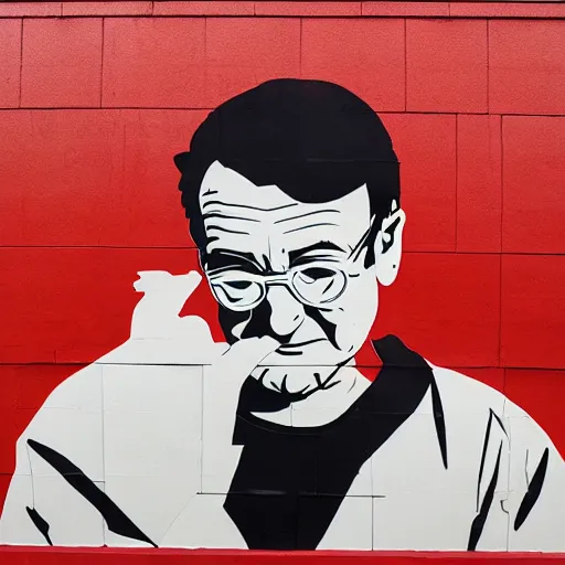 Prompt: robin williams street art mural by sachin teng x obey x supreme : 1 high contrast, hard edges, matte painting, geometric shapes, marijuana, masterpiece : 1