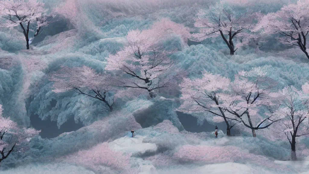 Prompt: a mountainside landscape with winter sakura trees, japan, a collage painting, in the style of wes anderson, lola dupre, david hockney, isolated on negative white space background dark monochrome neon spraypaint accents volumetric octane render