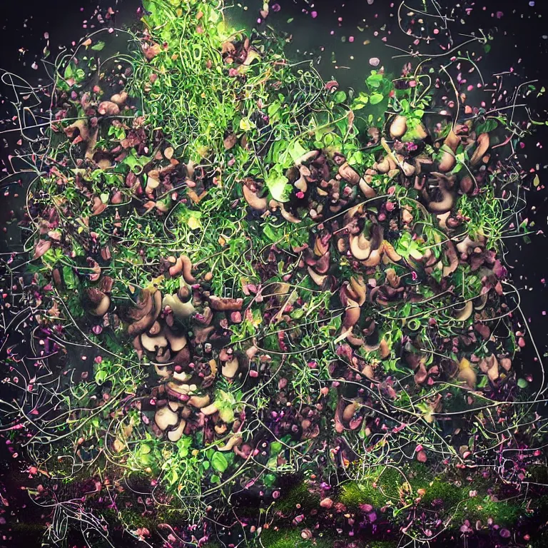 Image similar to double exposure of dally life, symbols of live, explosion, different sprouts and microgreens on mushrooms, cyber mushroom city, mushroom matrix, love is the most relevant theme, 8 k resolution, artistic mode, artistic, trending on instagram, long exposure, love art, serious, fantasy and dreams vibes, mushrooms style and macro style, spring vibes in twilight or sunset lights