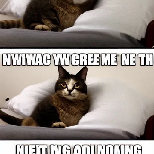 Prompt: weird sleepy cat in bed night meme