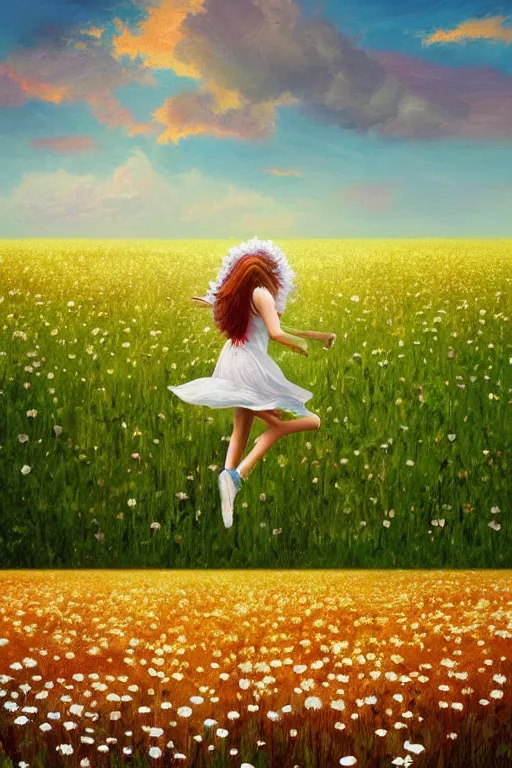 Image similar to giant white daisy flower as head, girl running in a flower field, surreal photography, sunrise, dramatic light, impressionist painting, colorful clouds, digital painting, artstation, simon stalenhag