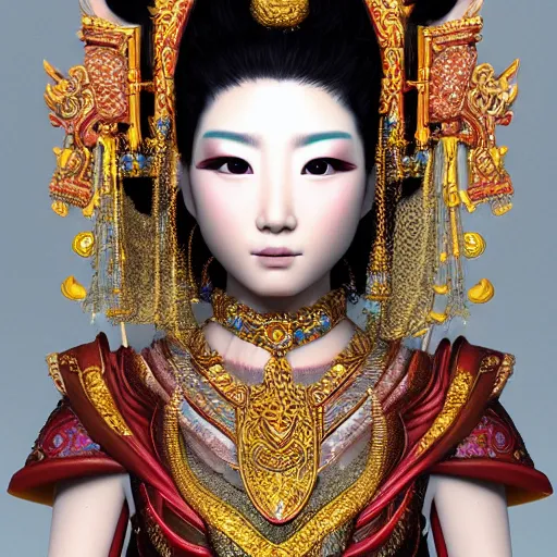 Prompt: an asian female goddess, ornate, headpiece, 8 k, photorealistic, intrinsic details, trending in artstation