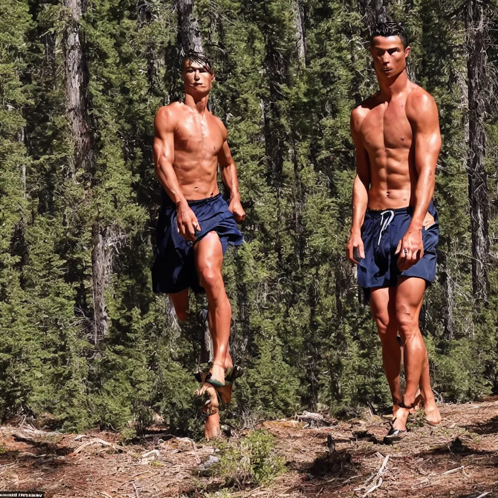 Image similar to cristiano ronaldo lost in the Tahoe forest and caught on trail cam, bare shirt, flip-flop, sweating profusely, sacred, crying