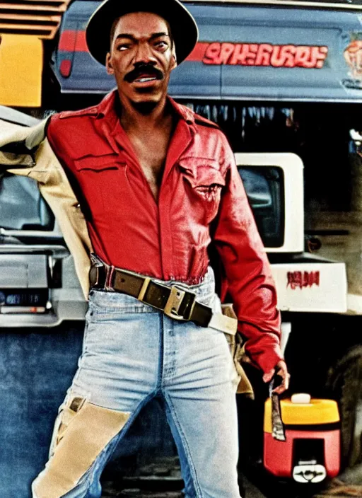 Image similar to an 8 0's john alvin action movie poster starring eddie murphy face as a plumber to rich people. bathroom. overalls. tool belt. the movie is called beverly hills crap