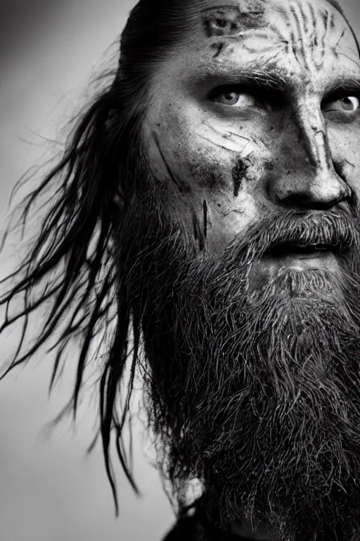 Prompt: a cinematic view of wide bw photo from a very ornated old rasputin viking, shaved haircut, braided beard, showing nordic tattoos in the head, scars in the face, feather earing, using leather armour with necklace of teeth, marvelous expression, photorealistic, volummetric light, depth of field, detailed, texturized, zeiss lens high professional mode