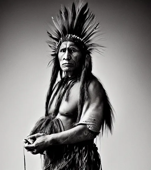 Prompt: Award winning Editorial photo of a Native Iroquois with incredible hair wearing traditional garb by Edward Sherriff Curtis and Lee Jeffries, 85mm ND 5, perfect lighting, gelatin silver process