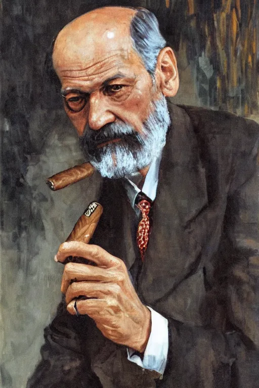 Image similar to portrait of sigmund freud, holding cigar, by frank mccarthy, detailed, impressive, freudian