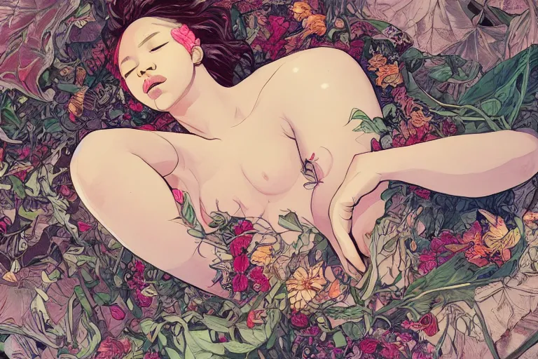 Image similar to top view, beautiful mulatto girl lying inside exotic flower, gorgeous, in the style of Jin Kagetsu, James Jean and wlop, Valentin Serov style, highly detailed, sharp focus, intricate concept art, digital painting, ambient lighting, 4k, artstation trending on Gsociety, trending on ArtstationHQ, trending on deviantart, professionally post-processed, wide-angle action dynamic portraithyperdetailed, hyper quality, 16K