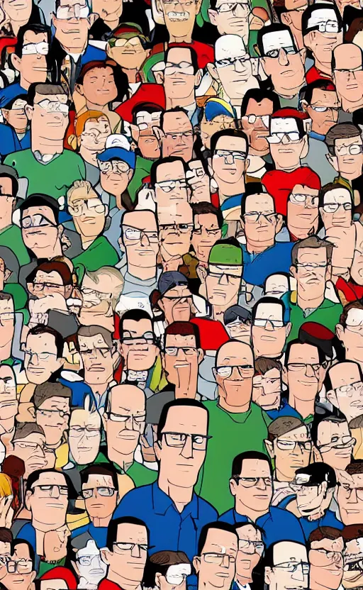 Image similar to hank hill in the style of'where's waldo'book