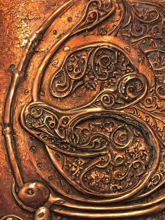 Prompt: a ultradetailed beautiful panting of an old copper key, with intricate detail, who can open the mind, resting on an old stone altar, oil panting, high resolution 4 k