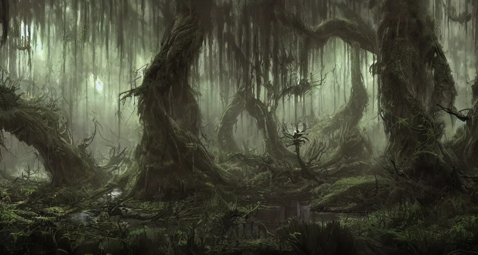 Image similar to A dense and dark enchanted forest with a swamp, by Blizzard Concept Artists