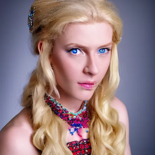 Prompt: close up headshot of a princess with long blonde hair and blue eyes wearing a strapless elaborately beaded pink dress, high resolution film still, 8k, HDR color, film by Simon Langton and David Frankel, diamond shaped face, weak chin