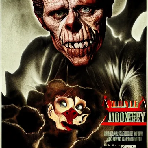 Image similar to willem dafoe as an scary monster movie poster