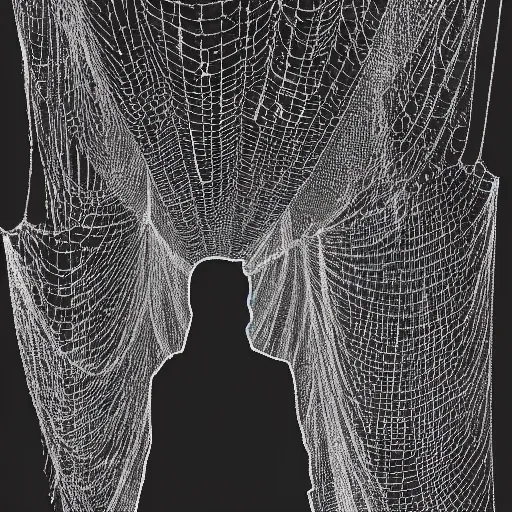 Prompt: Ghastly wires coil from a wall, forming a thick spiderweb. Thin strands of metal glisten as they stretch toward a figure in the darkness. The figure is clad in a black robe with a hood that conceals his face. The figure stares at a mannequin hanging down from one of the wires. The mannequin has the head and the torso of an ape, but no arms or legs.