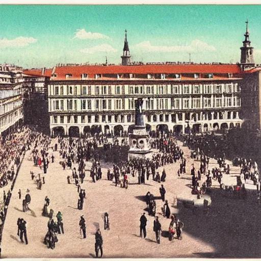 Image similar to colored postcard of la plaza mayor de madrid in 1 9 2 7 ; bromide real photo card with some additional hand - colouring