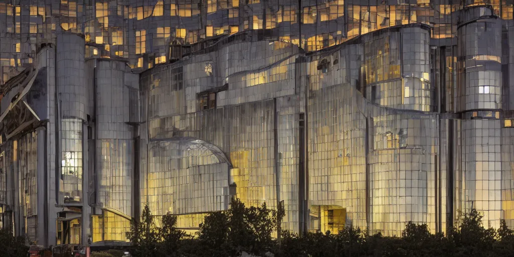 Image similar to wide angle photo of futurist building made from concrete relief with nickel chrome copper and gold trim inlay. inspired by a fast 1 9 2 0 locomotive. industrial revolution. late evening with reflective pool and glowing lights. bella hadid. highly reflective and shiny. frank loyde wright