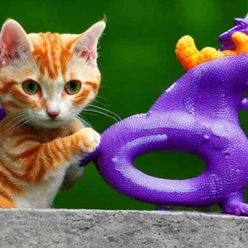 Image similar to tiny adorable purple fantasy dragon, the dragon is hugging an orange tabby cat, orange tabby cat hugging tiny purple dragon