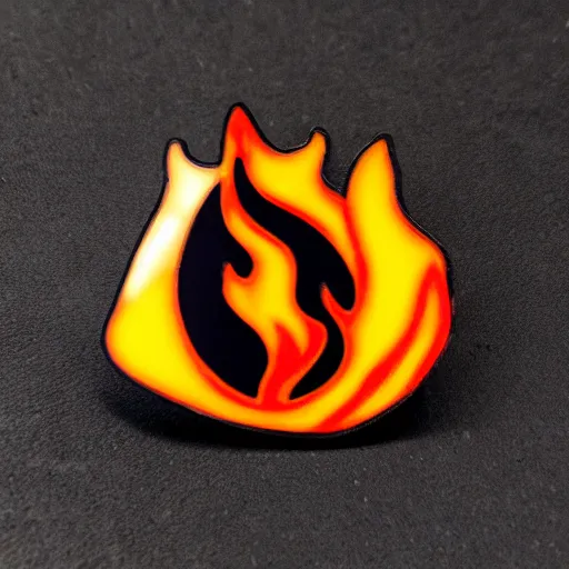 Image similar to a photo of a retro minimalistic fire flames warning enamel pin, use of negative space allowed, black and white only, smooth curves