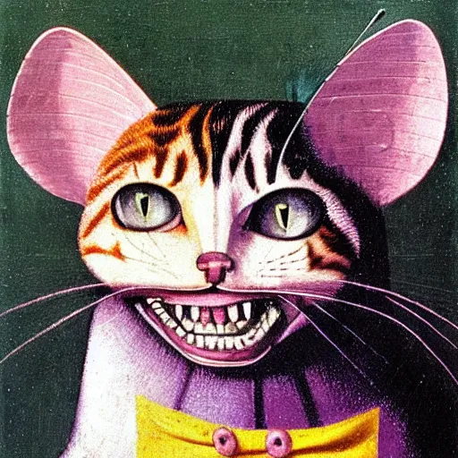 Prompt: portrait of the cat of cheshire bosch with pink and purple stripes and a huge malicious smile by hieronymus bosch. oil on wood