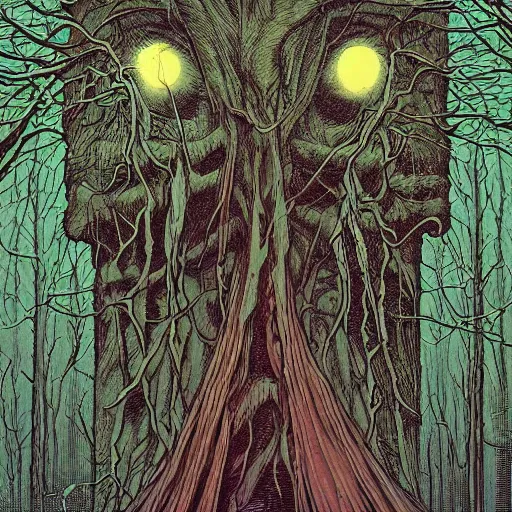 Prompt: the trees are alive, evil, horror, dark atmosphere, beautifully detailed, smooth, illustration, surrealist, symmetrical by jean giraud