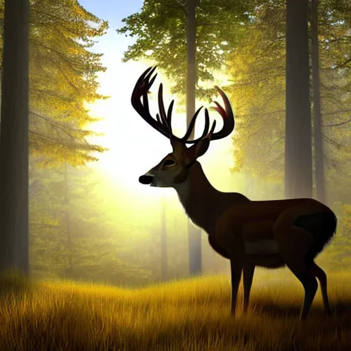 Prompt: wide shot of a realistic proportioed alert buck white tail deer with large antlers standing on top of a hill with light shining through the trees in the early morning, global illumination, volumetric shadows, volumetric lighting digital painting, trending on artem, trending on deviantart,