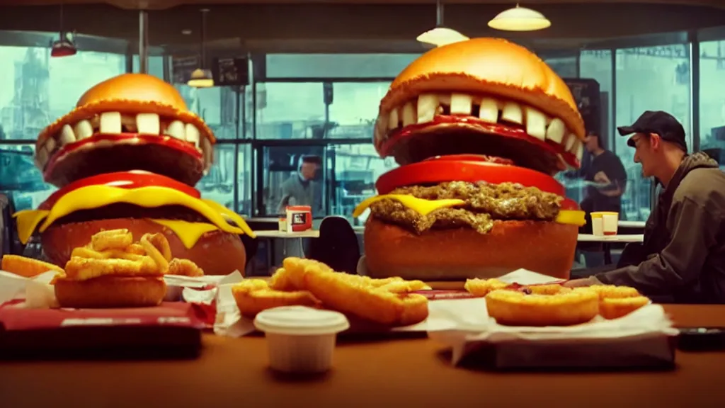 Image similar to the giants cheeseburger monster at the fast food place, film still from the movie directed by denis villeneuve and david cronenberg with art direction by salvador dali, wide lens