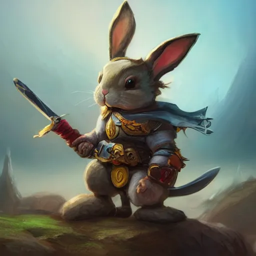 Prompt: bunny with helmet and sword, whimsical, fantasy, elegant, digital painting, artstation, unreal engine, octane render, concept art, matte, sharp focus, vibrant colors, high contrast, illustration, art by justin gerard