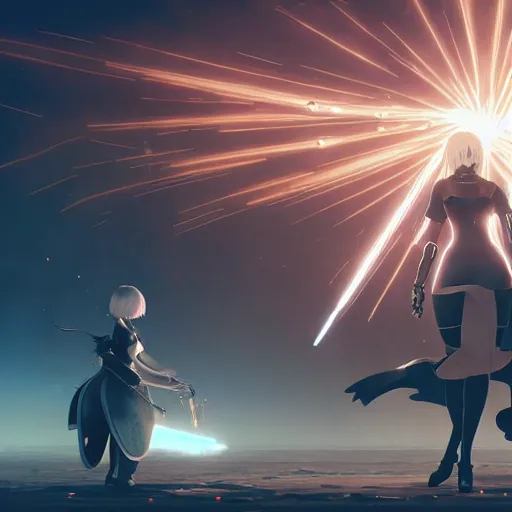 Image similar to 2 b nier automata fighting a robot, art by moebius, starry sky, gorgeous clouds, god rays, fantasy art, octane render, ureal engine, high detail, alphonse mucha, greg rutkowski, james gurney, johannes voss