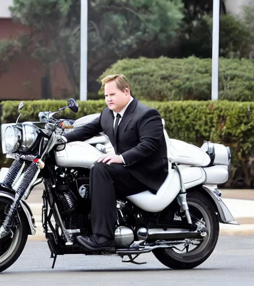 Prompt: Andy Richter is dressed in a black suit and a red necktie and riding a motorcycle into a television studio lot. There are Soundstages and movie caravans on the studio lot. It is a bright afternoon and overcast.