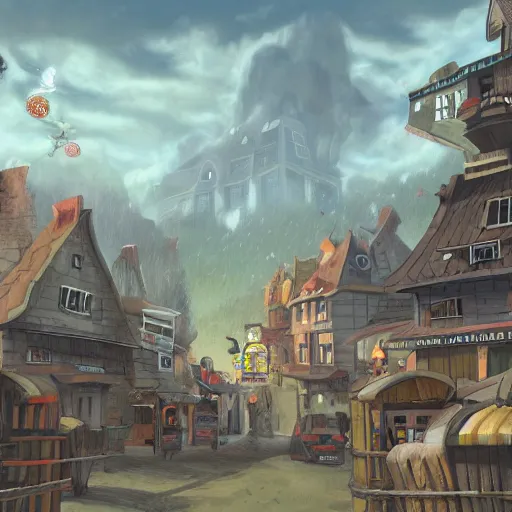 Image similar to large town, game concept art, illustration,