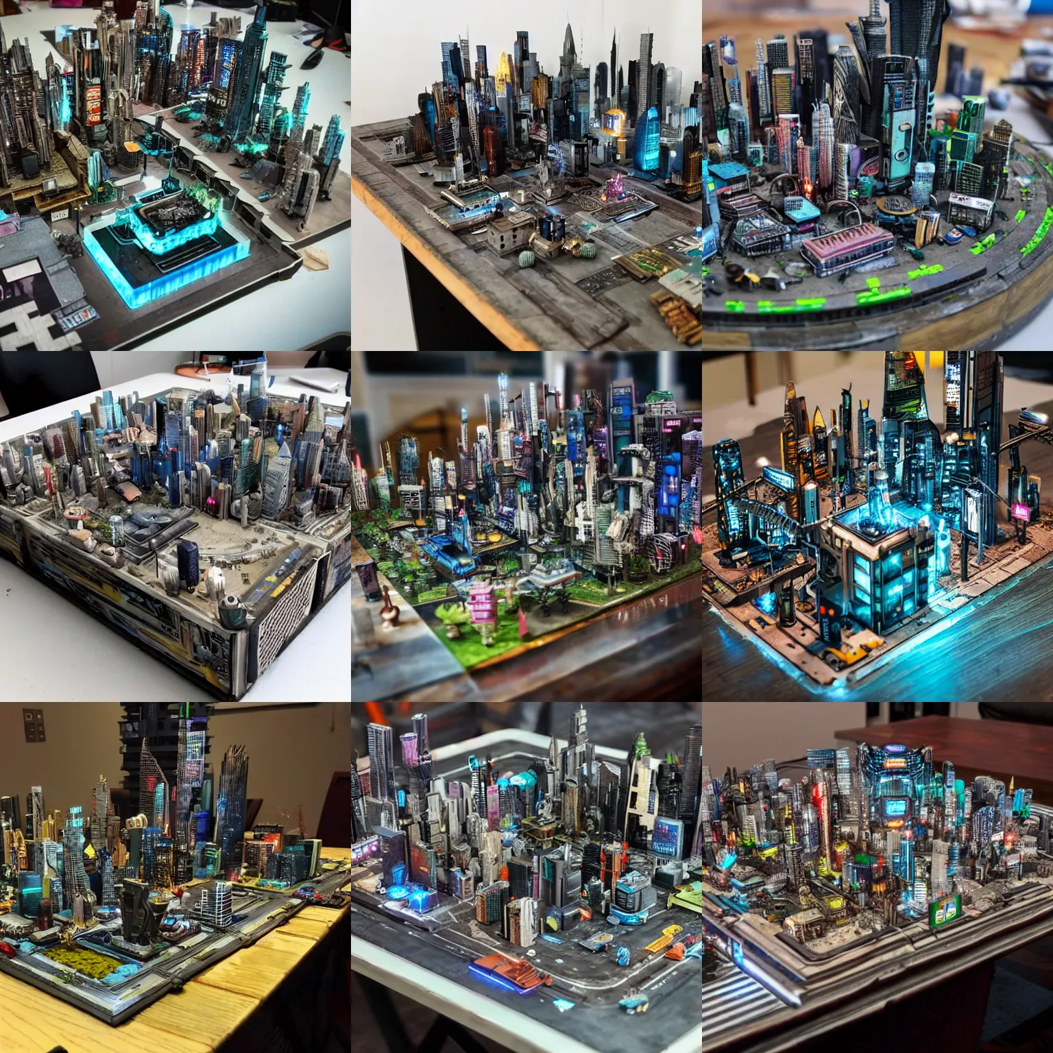 Prompt: miniature cyberpunk city on a table