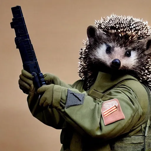 Image similar to still image of an anthropomorphic hedgehog soldier wearing military gear, the hedgehog is holding a rifle, photo