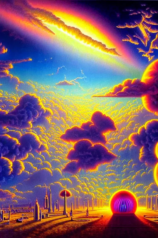 Prompt: a photorealistic detailed cinematic image of a beautiful vibrant iridescent future for human evolution, spiritual science, divinity, utopian, cumulus clouds, ornate glass cemetery, tornadoes, isometric, by david a. hardy, kinkade, lisa frank, wpa, public works mural, socialist