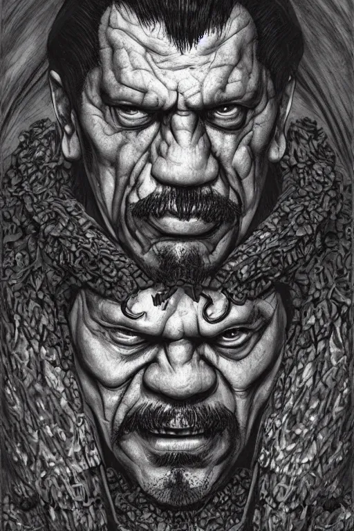 Image similar to Danny Trejo as church nun, dark fantasy, highly detailed, artstation, manga illustration by Kentaro Miura berserk