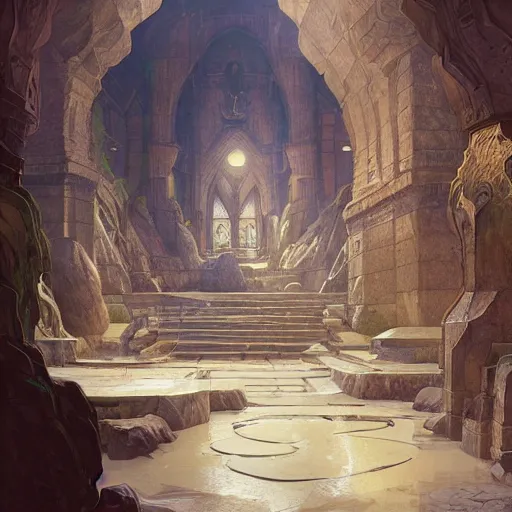 Image similar to A wide open courtyard in a beautiful dwarven city made of marble, inside the underground cave, lustrous minerals, a fantasy digital painting, artstation, concept art, sharp focus, illustration, art by greg rutkowski and alphonse mucha