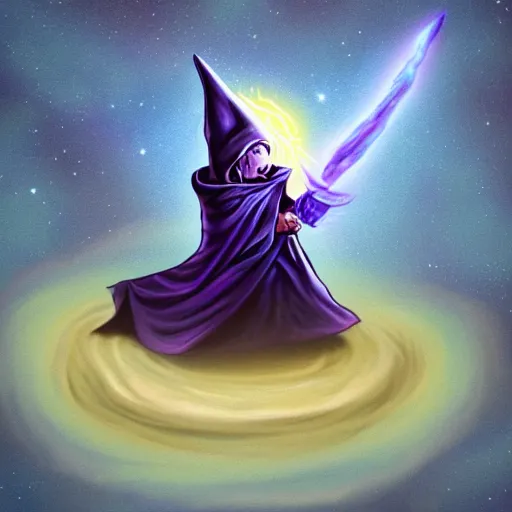 Prompt: Profile picture of a 30 year old halfling wizard. Medium length brown hair, hooded purple cloak. Glowing blue wand charged with energy. Organic Painting, Matte Painting, meaningful