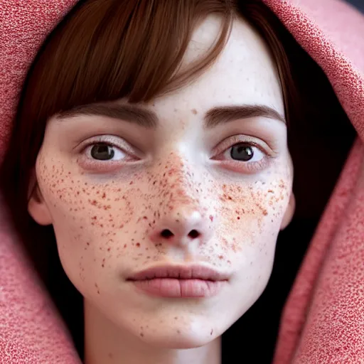 Image similar to portrait of a cute thin young woman, red blush, cute freckles wearing casual clothes, small smile, relaxing on a couch, cozy under a blanket, cozy living room, close up shot, 8 k, octane render, trending on artstation, art by diego fazio and irakli nadar and ron mueck,, hyperrealism, hyperdetailed, ultra realistic