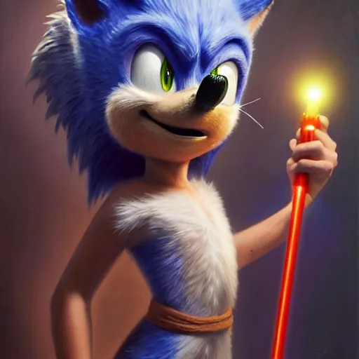 Prompt: highly detailed oil painting | very intricate | cinematic lighting | award - winning | sonic the hedgehog!!!!! with a light saber | by roberto ferri, by tom bagshaw, by j. c. leyendecker and artgerm, american romanticism, by austin osman spare, artstation, cgsociety, official art, octane